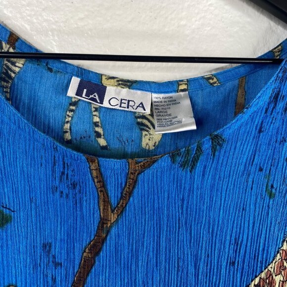 La Cera House Patio Dress Blue L Crinkle Muumuu Safari Animals Zebra Giraffe - Picture 3 of 10